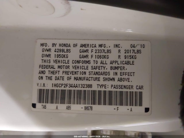 2010 Honda Accord 2.4 Lx მანქანა იყიდება აუქციონზე, vin: 1HGCP2F34AA132388, აუქციონის ნომერი: 44749860