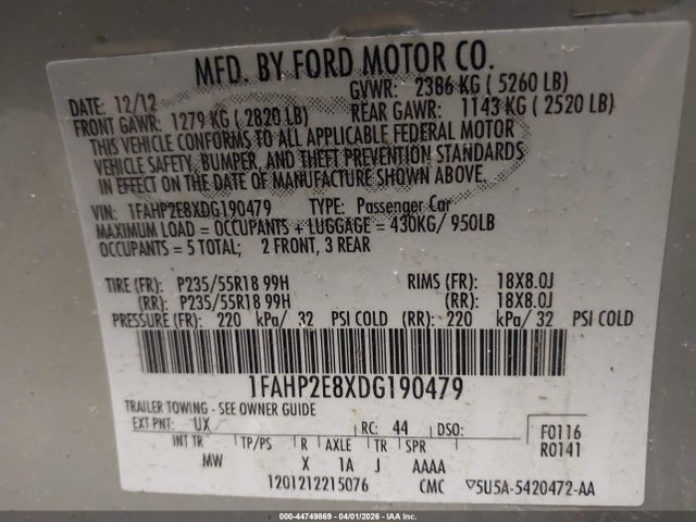 44749869 :رقم المزاد ، 1FAHP2E8XDG190479 vin ، 2013 Ford Taurus Sel مزاد بيع