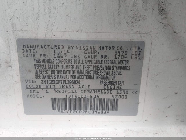 Продаж на аукціоні авто 2015 Nissan Versa Note S (sr)/s Plus/sl/sr/sv, vin: 3N1CE2CP7FL396834, номер лоту: 44749874