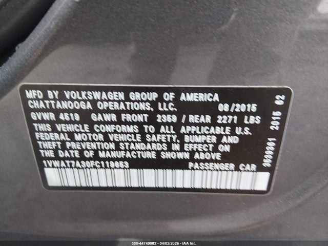 44749882 :رقم المزاد ، 1VWAT7A30FC119653 vin ، 2015 Volkswagen Passat 1.8t Limited Edition مزاد بيع