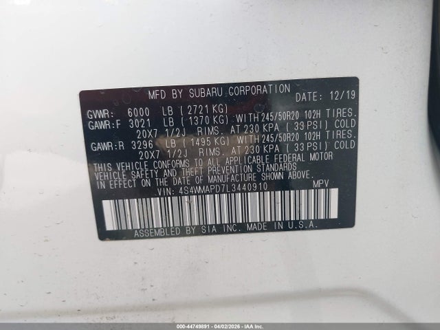 Продажа на аукционе авто 2020 Subaru Ascent Limited, vin: 4S4WMAPD7L3440910, номер лота: 44749891