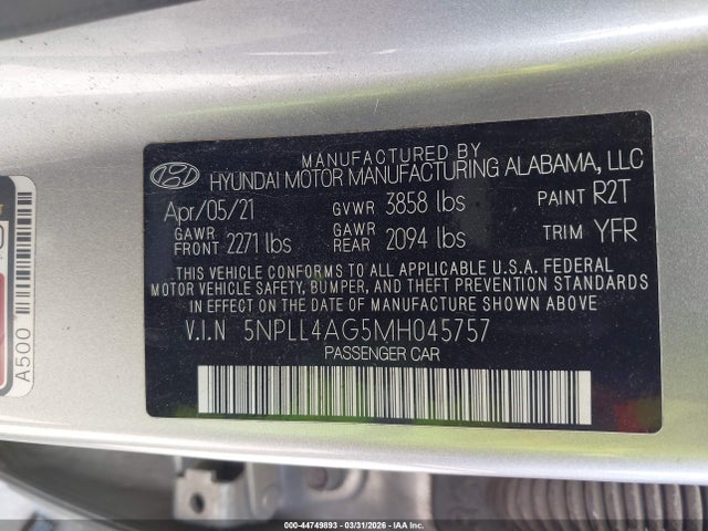 Aukcja sprzedaży 2021 Hyundai Elantra Se, vin: 5NPLL4AG5MH045757, numer aukcji: 44749893