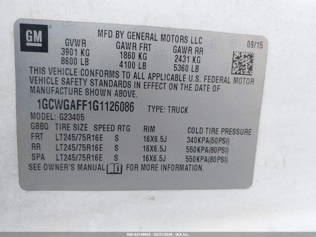 2016 Chevrolet Express 2500 Work Van მანქანა იყიდება აუქციონზე, vin: 1GCWGAFF1G1126086, აუქციონის ნომერი: 44749905