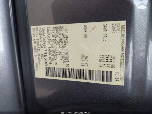 1N4AL3AP9EN336500 Nissan Altima 2.5/2.5 S/2.5 Sl/2.5 Sv