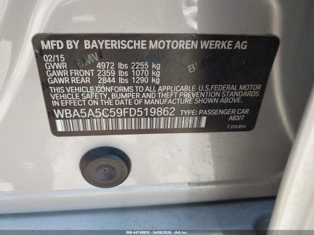 2015 Bmw 528i მანქანა იყიდება აუქციონზე, vin: WBA5A5C59FD519862, აუქციონის ნომერი: 44749930