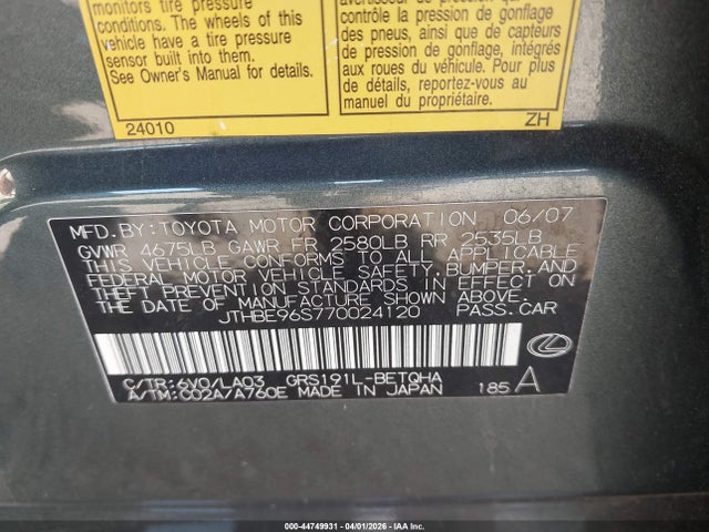 Продажа на аукционе авто 2007 Lexus Gs 350, vin: JTHBE96S770024120, номер лота: 44749931