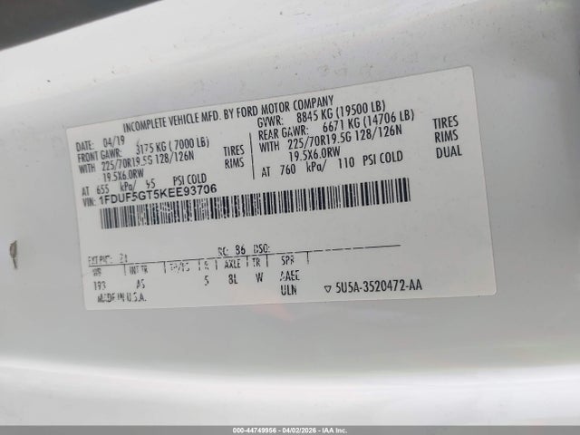 Продаж на аукціоні авто 2019 Ford F-550 Chassis Xl, vin: 1FDUF5GT5KEE93706, номер лоту: 44749956