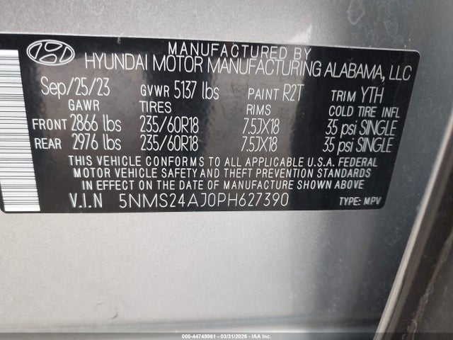 Aukcja sprzedaży 2023 Hyundai Santa Fe Sel, vin: 5NMS24AJ0PH627390, numer aukcji: 44749961