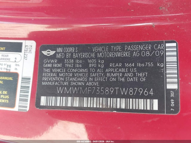 2009 MINI COOPER S WMWMF73589TW87964 Photo 8
