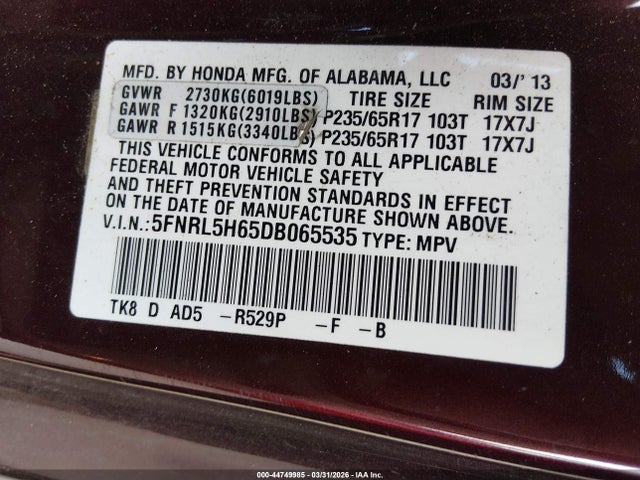 2013 HONDA ODYSSEY 5FNRL5H65DB065535 Photo 8
