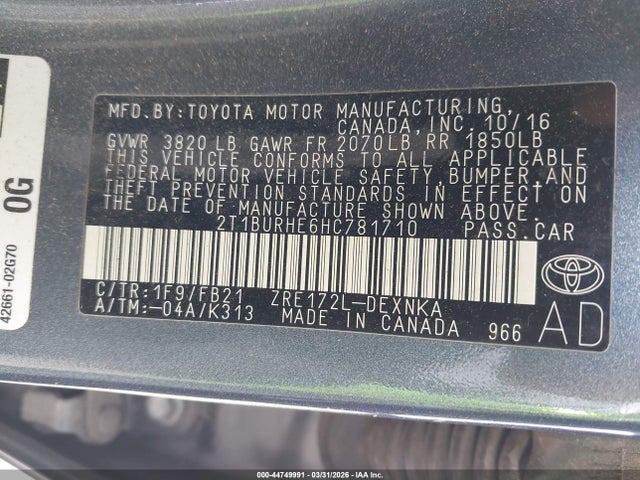 Продаж на аукціоні авто 2017 Toyota Corolla Le, vin: 2T1BURHE6HC781710, номер лоту: 44749991