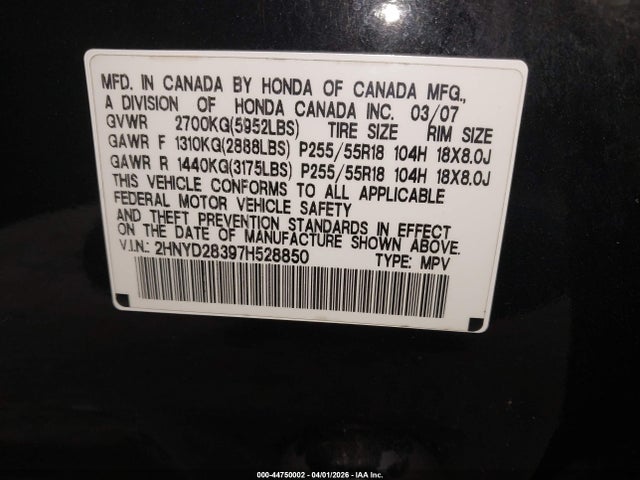 Продаж на аукціоні авто 2007 Acura Mdx Technology Package, vin: 2HNYD28397H528850, номер лоту: 44750002