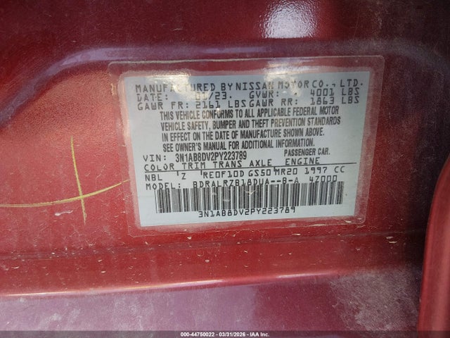 44750022 :رقم المزاد ، 3N1AB8DV2PY223789 vin ، 2023 Nissan Sentra Sr Xtronic Cvt مزاد بيع