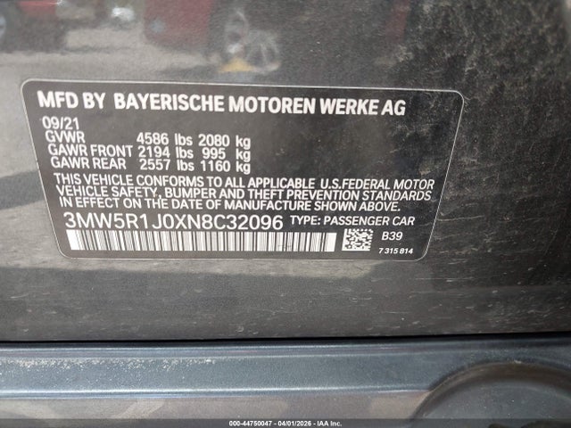 44750047 :رقم المزاد ، 3MW5R1J0XN8C32096 vin ، 2022 Bmw 330i مزاد بيع