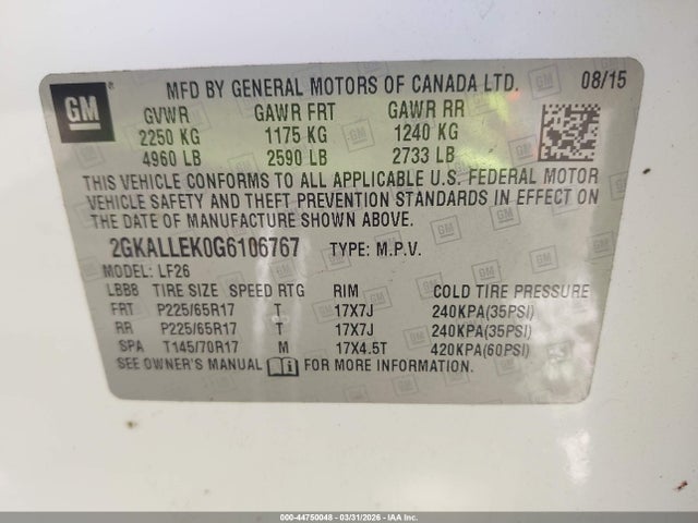 Aukcja sprzedaży 2016 Gmc Terrain Sl, vin: 2GKALLEK0G6106767, numer aukcji: 44750048