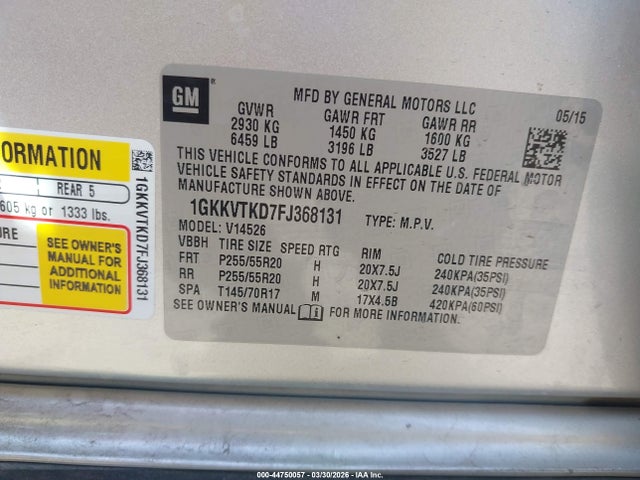 Aukcja sprzedaży 2015 Gmc Acadia Denali, vin: 1GKKVTKD7FJ368131, numer aukcji: 44750057