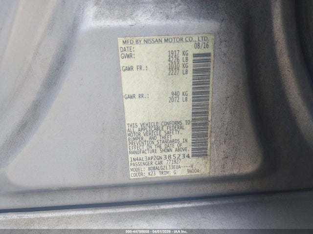 2016 Nissan Altima 2.5 S მანქანა იყიდება აუქციონზე, vin: 1N4AL3AP2GN385234, აუქციონის ნომერი: 44750058