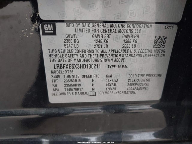 44750062 :رقم المزاد ، LRBFXESX3HD130211 vin ، 2017 Buick Envision Premium I مزاد بيع