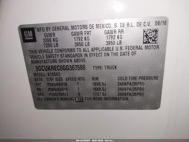 Продаж на аукціоні авто 2016 Chevrolet Silverado 1500 2lt, vin: 3GCUKREC6GG367588, номер лоту: 44750067
