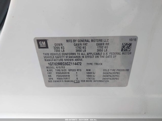 2016 Gmc Sierra 1500 Sle მანქანა იყიდება აუქციონზე, vin: 1GTV2MEC6GZ114472, აუქციონის ნომერი: 44750073