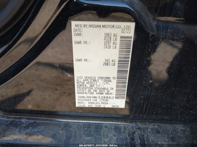 44750077 :رقم المزاد ، 1N4BL4DV3NN338862 vin ، 2022 Nissan Altima Sv Fwd مزاد بيع