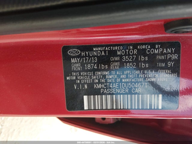 44750081 :رقم المزاد ، KMHCT4AE1DU504671 vin ، 2013 Hyundai Accent Gls مزاد بيع