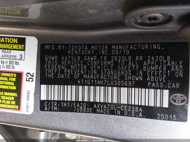 Продажа на аукционе авто 2020 Toyota Camry Se, vin: 4T1G11AK7LU305697, номер лота: 44750117