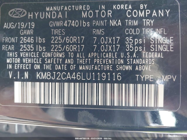 44750119 :رقم المزاد ، KM8J2CA46LU119116 vin ، 2020 Hyundai Tucson Se مزاد بيع