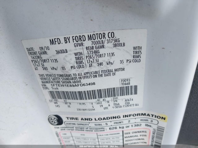 Продажа на аукционе авто 2010 Ford F-150 Xl/xlt, vin: 1FTEW1E89AFD63498, номер лота: 44750125
