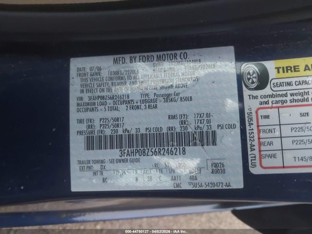 44750127 :رقم المزاد ، 3FAHP08Z56R246218 vin ، 2006 Ford Fusion Sel مزاد بيع