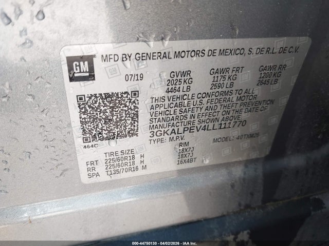44750130 :رقم المزاد ، 3GKALPEV4LL111770 vin ، 2020 Gmc Terrain Fwd Slt مزاد بيع