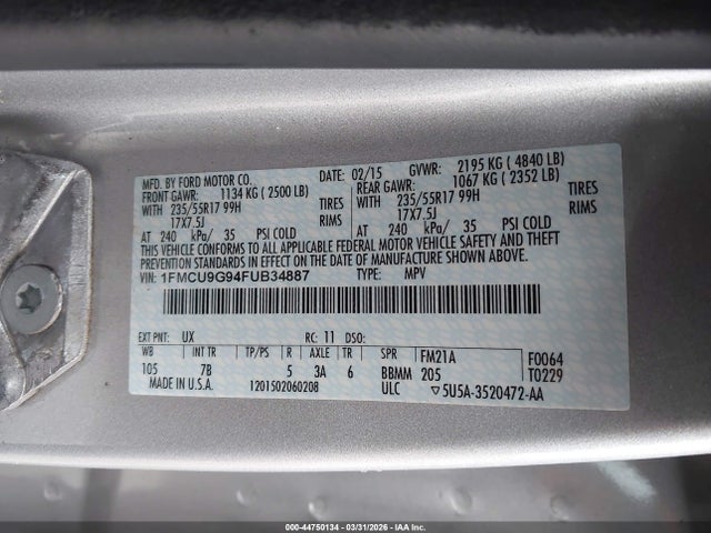 Aukcja sprzedaży 2015 Ford Escape Se, vin: 1FMCU9G94FUB34887, numer aukcji: 44750134