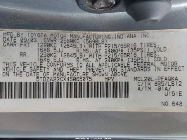 44750158 :رقم المزاد ، 5TDZA22CX4S065075 vin ، 2004 Toyota Sienna Xle مزاد بيع