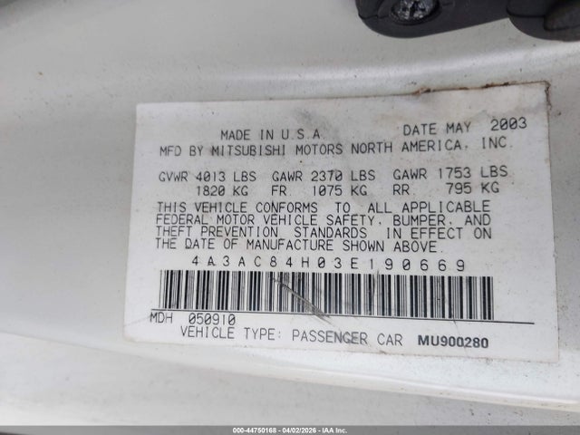 2003 MITSUBISHI ECLIPSE 4A3AC84H03E190669 Photo 8