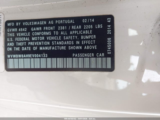 Продаж на аукціоні авто 2014 Volkswagen Eos Komfort, vin: WVWBW8AH9EV004133, номер лоту: 44750182