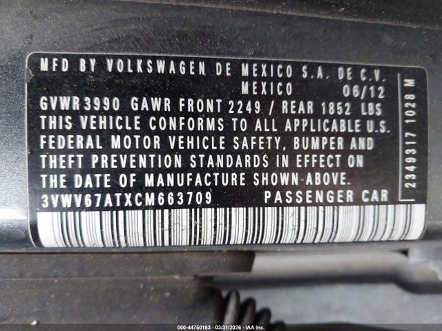 44750183 :رقم المزاد ، 3VWV67ATXCM663709 vin ، 2012 Volkswagen Beetle 2.0t Turbo مزاد بيع