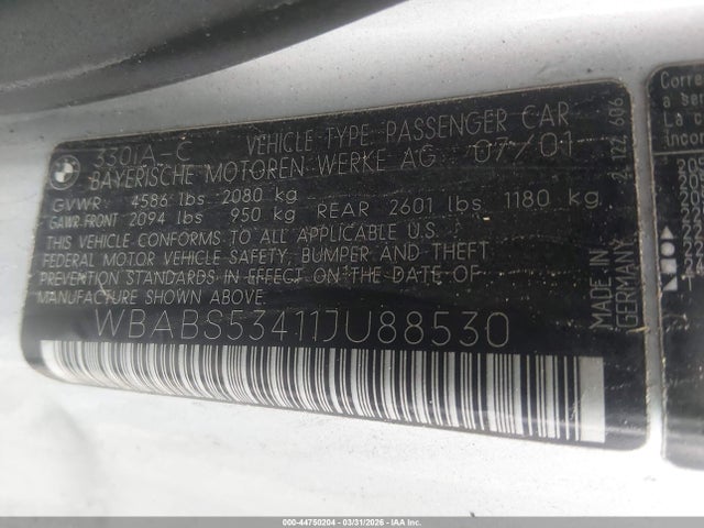 Продаж на аукціоні авто 2001 Bmw 330ci, vin: WBABS53411JU88530, номер лоту: 44750204