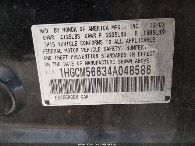 Продажа на аукционе авто 2004 Honda Accord 2.4 Ex, vin: 1HGCM56634A048586, номер лота: 44750207