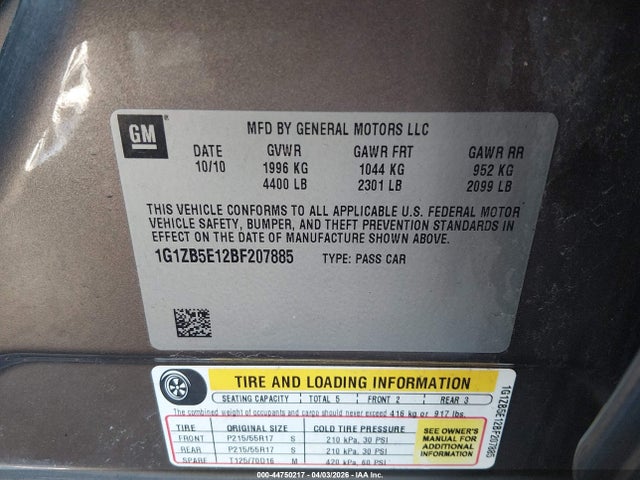 44750217 :رقم المزاد ، 1G1ZB5E12BF207885 vin ، 2011 Chevrolet Malibu Ls مزاد بيع