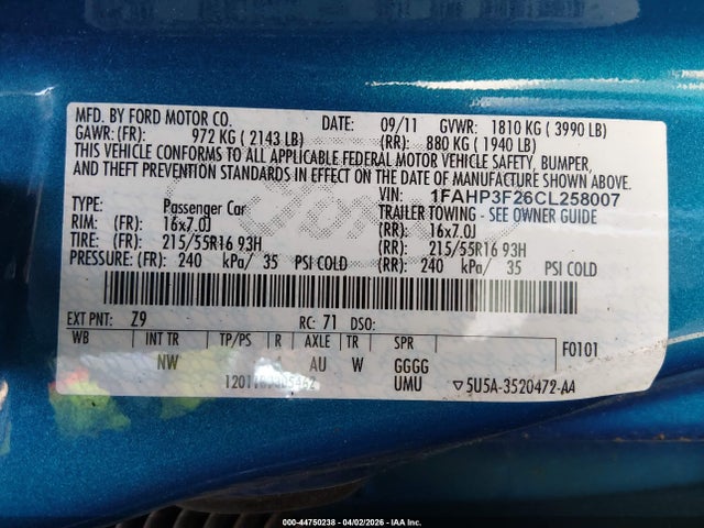 Aukcja sprzedaży 2012 Ford Focus Se, vin: 1FAHP3F26CL258007, numer aukcji: 44750238