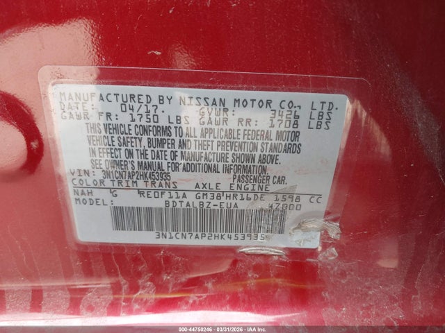 Aukcja sprzedaży 2017 Nissan Versa 1.6 Sv, vin: 3N1CN7AP2HK453935, numer aukcji: 44750246
