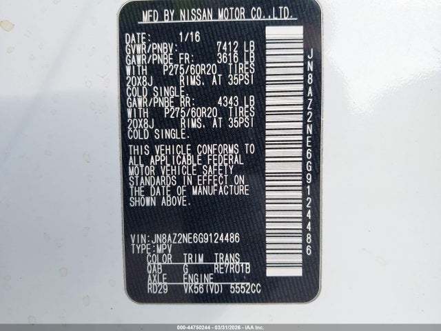 44750244 :رقم المزاد ، JN8AZ2NE6G9124486 vin ، 2016 Infiniti Qx80 مزاد بيع