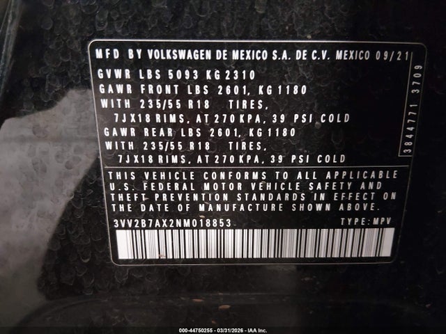 44750255 :رقم المزاد ، 3VV2B7AX2NM018853 vin ، 2022 Volkswagen Tiguan 2.0t Se مزاد بيع