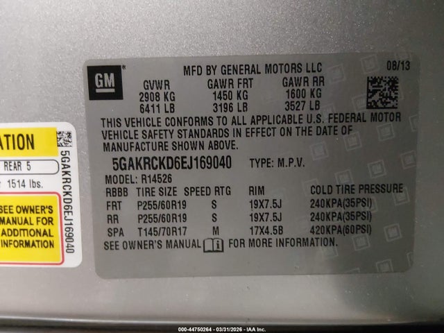Продажа на аукционе авто 2014 Buick Enclave Premium, vin: 5GAKRCKD6EJ169040, номер лота: 44750264