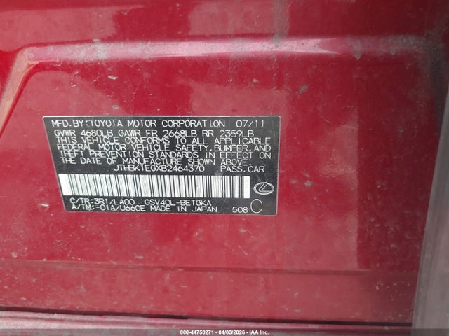 44750271 :رقم المزاد ، JTHBK1EGXB2464370 vin ، 2011 Lexus Es 350 مزاد بيع