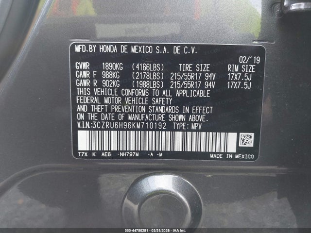 3CZRU6H96KM710192 Honda Hr-v Touring