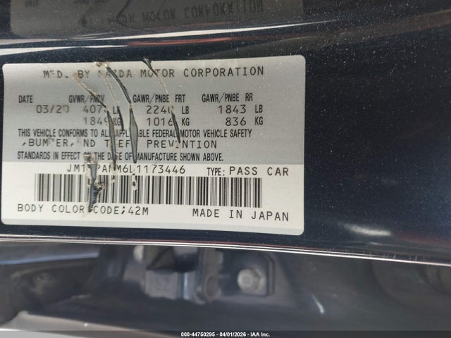 2020 Mazda Mazda3 Preferred Package მანქანა იყიდება აუქციონზე, vin: JM1BPAMM6L1173446, აუქციონის ნომერი: 44750295