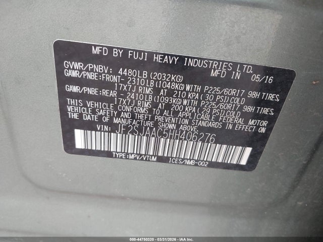 Aukcja sprzedaży 2017 Subaru Forester 2.5i, vin: JF2SJAAC5HH406276, numer aukcji: 44750320