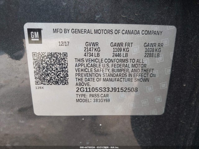 Aukcja sprzedaży 2018 Chevrolet Impala 1lt, vin: 2G1105S33J9152508, numer aukcji: 44750324
