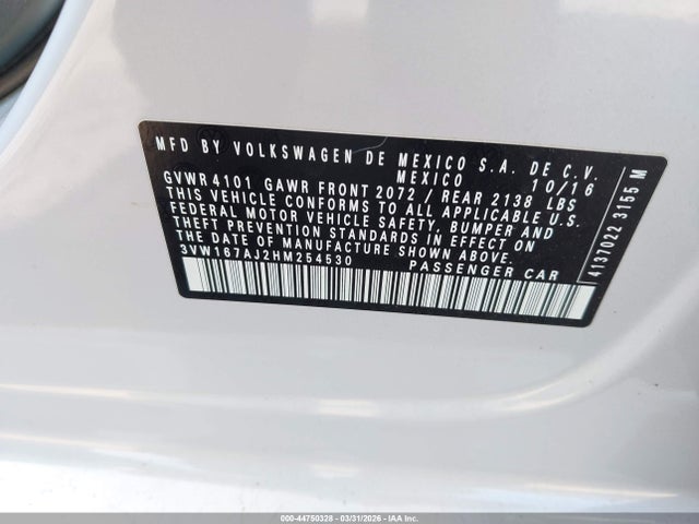 Продаж на аукціоні авто 2017 Volkswagen Jetta 1.4t S, vin: 3VW167AJ2HM254530, номер лоту: 44750328